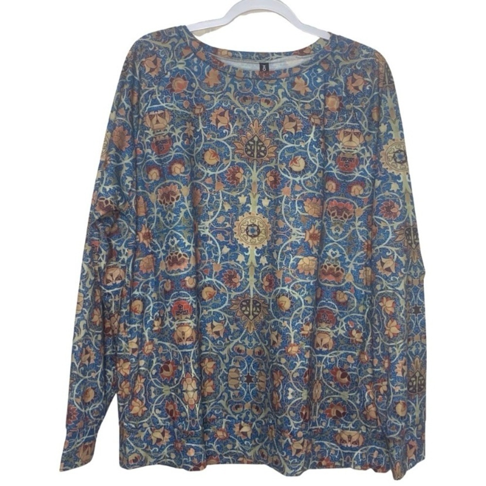 Womens Blue Floral Medallion Long Sleeve Top
